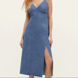 Denim Blue Slip Midi Dress with Side Slit